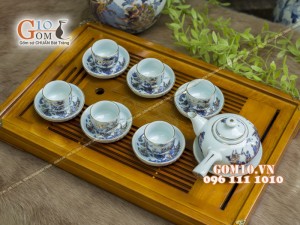 Bộ ấm chén quai ngang men rong cổ họa tiết Trúc Lâm Thất Hiền 300ml - Vẽ vàng 24k