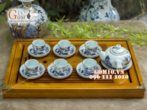 Bộ ấm chén quai ngang men rong cổ họa tiết Trúc Lâm Thất Hiền 300ml - Vẽ vàng 24k