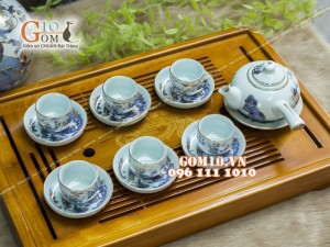 Bộ ấm chén quai ngang men rong cổ họa tiết Trúc Lâm Thất Hiền 300ml - Vẽ vàng 24k