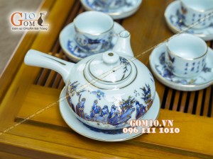 Bộ ấm chén quai ngang men rong cổ họa tiết Trúc Lâm Thất Hiền 300ml - Vẽ vàng 24k