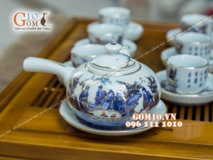 Bộ ấm chén quai ngang men rong cổ họa tiết Trúc Lâm Thất Hiền 300ml - Vẽ vàng 24k