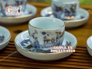 Bộ ấm chén quai ngang men rong cổ họa tiết Trúc Lâm Thất Hiền 300ml - Vẽ vàng 24k