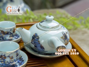 Bộ ấm chén quai ngang men rong cổ họa tiết Trúc Lâm Thất Hiền 300ml - Vẽ vàng 24k