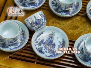 Bộ ấm chén quai ngang men rong cổ họa tiết Trúc Lâm Thất Hiền 300ml - Vẽ vàng 24k