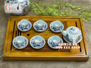 Bộ ấm chén quai ngang men rong cổ họa tiết Trúc Lâm Thất Hiền 300ml - Vẽ vàng 24k