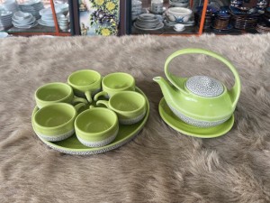 Bộ ấm chén thiên nga rạn xanh, khay tròn