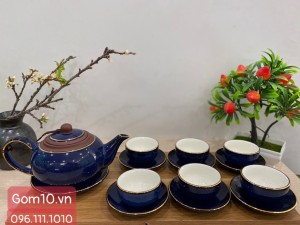 Bộ ấm chén thiên thanh men hoả biến cốt gốm cao cấp kẻ chỉ vàng kim, 350ml