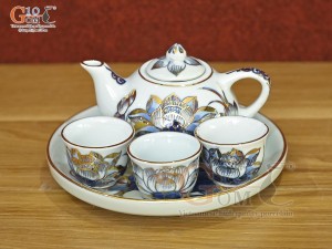 Bộ ấm chén thờ 3 chén men lam cổ vẽ Sen Tài Lộc, vẽ vàng 24k