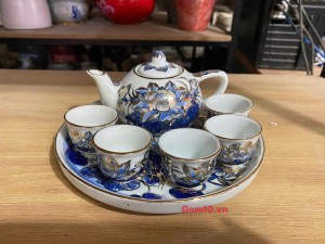 Bộ ấm chén thờ 5 chén men lam cổ vẽ Sen Tài Lộc, vẽ vàng