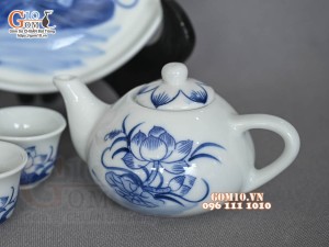 Bộ ấm chén thờ men lam vẽ Sen Đại Cát, bộ 5 chén