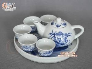 Bộ ấm chén thờ men lam vẽ Sen Đại Cát, bộ 5 chén