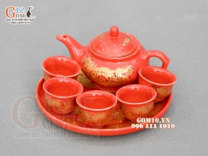 Bộ ấm chén thờ họa tiết Rồng Phúc - Lộc - Thọ vàng kim men đỏ, S2