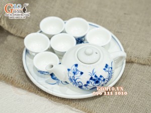 Bộ ấm chén thờ men cổ vẽ Sen, khay tròn