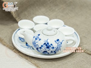 Bộ ấm chén thờ men cổ vẽ Sen, khay tròn
