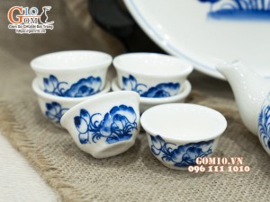 Bộ ấm chén thờ men cổ vẽ Sen, khay tròn