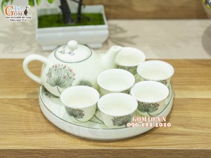 Bộ ấm chén thờ men kem vẽ Bồ Công Anh