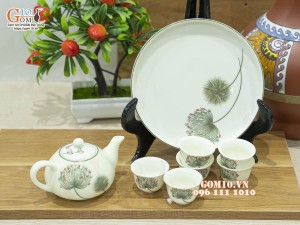 Bộ ấm chén thờ men kem vẽ Bồ Công Anh