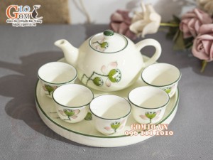 Bộ ấm chén thờ men kem vẽ Đài sen, 150ml