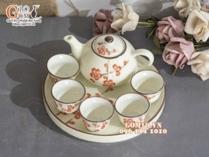 Bộ ấm chén thờ men kem vẽ hoa Đào đỏ, 150ml