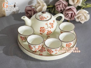 Bộ ấm chén thờ men kem vẽ hoa Đào đỏ, 150ml