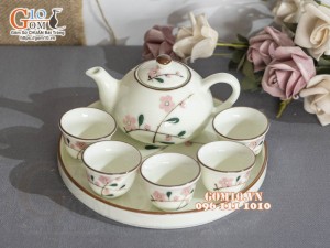 Bộ ấm chén thờ men kem vẽ hoa Đào phai, 150ml