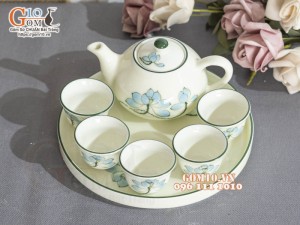 Bộ ấm chén thờ men kem vẽ hoa Sen xanh, 150ml