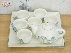 Bộ ấm chén thờ men kem vẽ Sen Xanh, khay vuông