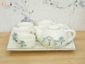 Bộ ấm chén thờ men kem vẽ Sen Xanh, khay vuông
