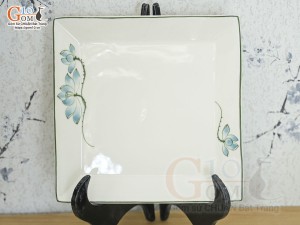 Bộ ấm chén thờ men kem vẽ Sen Xanh, khay vuông
