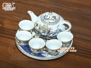 Bộ ấm chén thờ men lam cổ Sen Cát Tường, vẽ vàng 24k