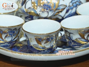 Bộ ấm chén thờ men lam cổ Sen Cát Tường, vẽ vàng 24k