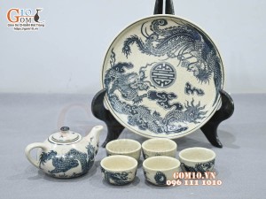 Bộ ấm chén thờ men rạn cổ họa tiết rồng