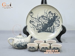 Bộ ấm chén thờ men rạn cổ họa tiết Sen