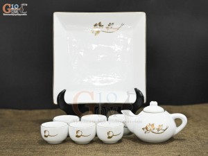 Bộ ấm chén thờ men trắng họa tiết hoa Sen vàng kim