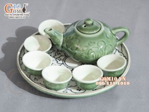 Bộ ấm chén thờ xanh đồng vẽ bèo