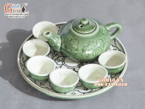 Bộ ấm chén thờ xanh đồng vẽ bèo
