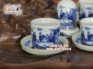 Bộ ấm chén tích men lam cổ, cảnh trúc lâm thất hiền, vẽ vàng, đủ phụ kiện - 1.5 lít