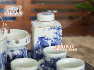 Bộ ấm chén tích men lam cổ, cảnh trúc lâm thất hiền, vẽ vàng, đủ phụ kiện - 1.5 lít