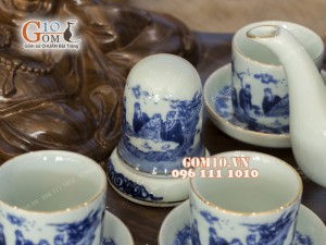 Bộ ấm chén tích men lam cổ, cảnh trúc lâm thất hiền, vẽ vàng, đủ phụ kiện - 1.5 lít