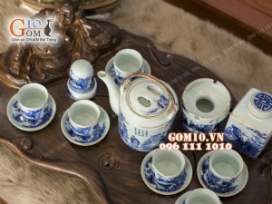 Bộ ấm chén tích men lam cổ, cảnh trúc lâm thất hiền, vẽ vàng, đủ phụ kiện - 1.5 lít