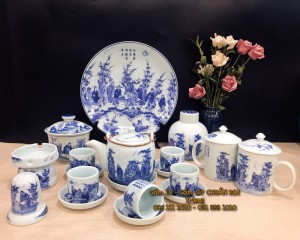 Bộ ấm chén Trúc Lâm Thất Hiền men lam cổ đầy đủ phụ kiện 