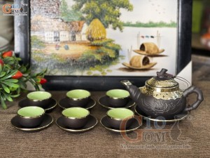 Bộ ấm chén tử sa dáng trúc đen khắc Phù Dung bọc đồng, 300ml