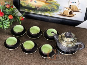 Bộ ấm chén tử sa dáng trúc đen khắc Phù Dung bọc đồng, 300ml