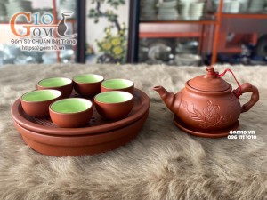Bộ ấm chén tử sa dáng trúc đỏ, khay thủng 300ml