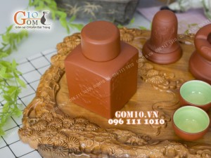 Bộ ấm chén tử sa đắp nổi hoa châm đỏ 380ml, đầy đủ phụ kiện và khay