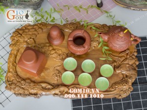 Bộ ấm chén tử sa đắp nổi hoa châm đỏ 380ml, đầy đủ phụ kiện và khay