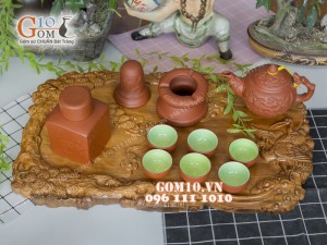 Bộ ấm chén tử sa đắp nổi hoa châm đỏ 380ml, đầy đủ phụ kiện và khay