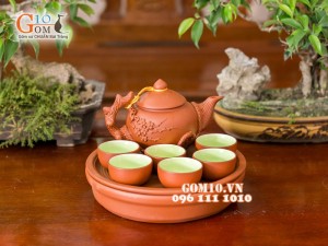 Bộ ấm chén tử sa đắp nổi hoa đào đỏ, khay thủng