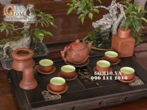 Bộ ấm chén tử sa đắp nổi hoa phù dung đỏ, đầy đủ phụ kiện