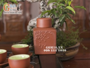 Bộ ấm chén tử sa đắp nổi hoa phù dung đỏ, đầy đủ phụ kiện